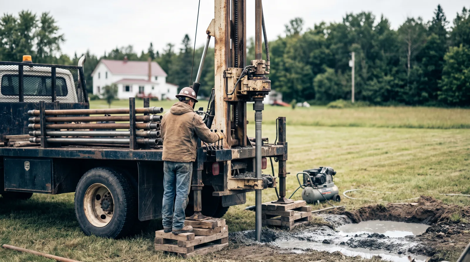 Water-well drilling rig operating on a residential property