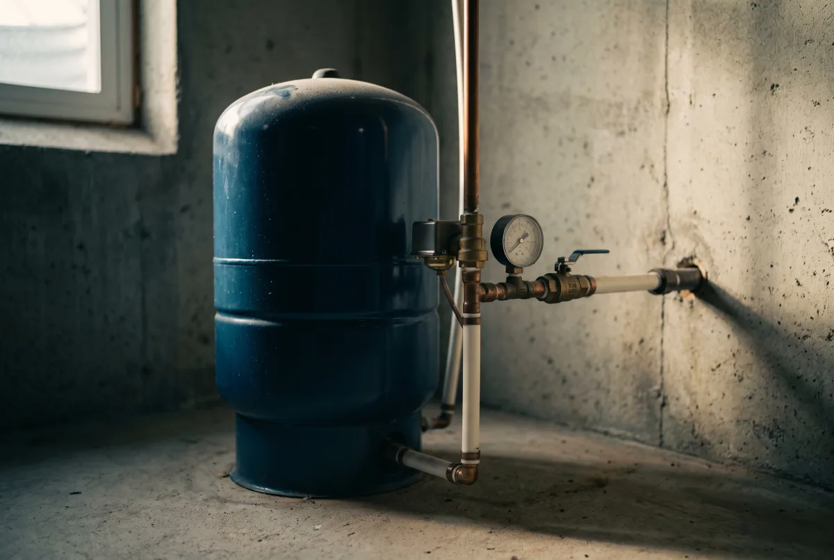 Blue diaphragm pressure tank and gauge in a residential basement