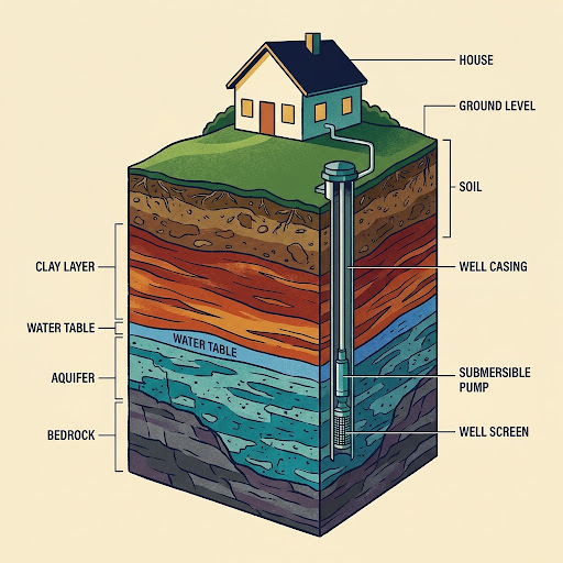 Cross-section illustration of a residential water well system showing geological layers from soil to bedrock, with well casing, submersible pump and well screen